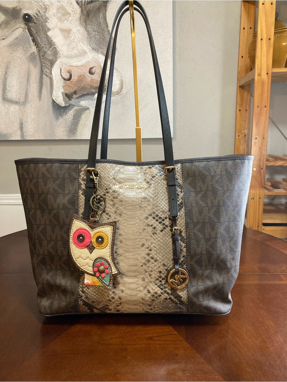 Michael Kors Jet Set Travel Tote | Signature MK Python Print | Chala Owl Charm - Picture 2 of 15